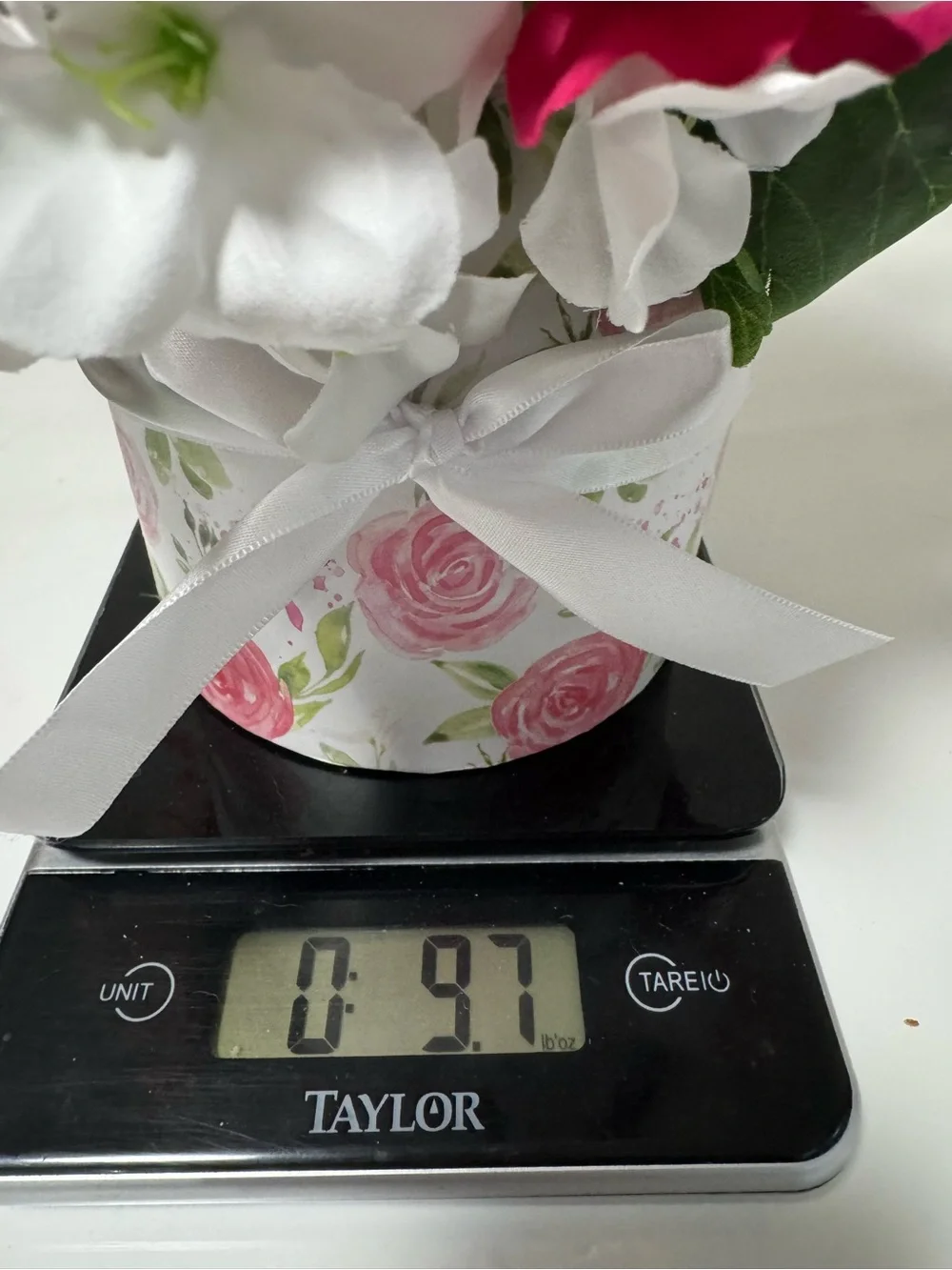 Pink & White Floral Arrangement in Decorative Hatbox